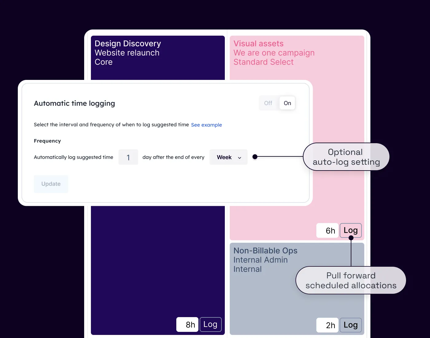 A modal that zooms in on logged time from a Float pre-filled timesheet and also shows automated time log settings. 